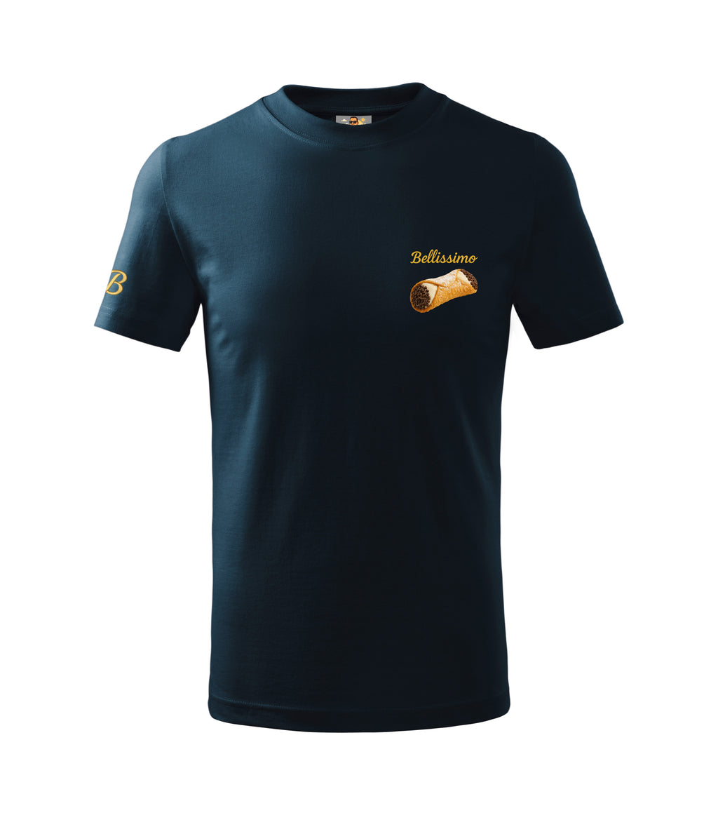 Navy blue t-shirt with gold design and text on a white background
