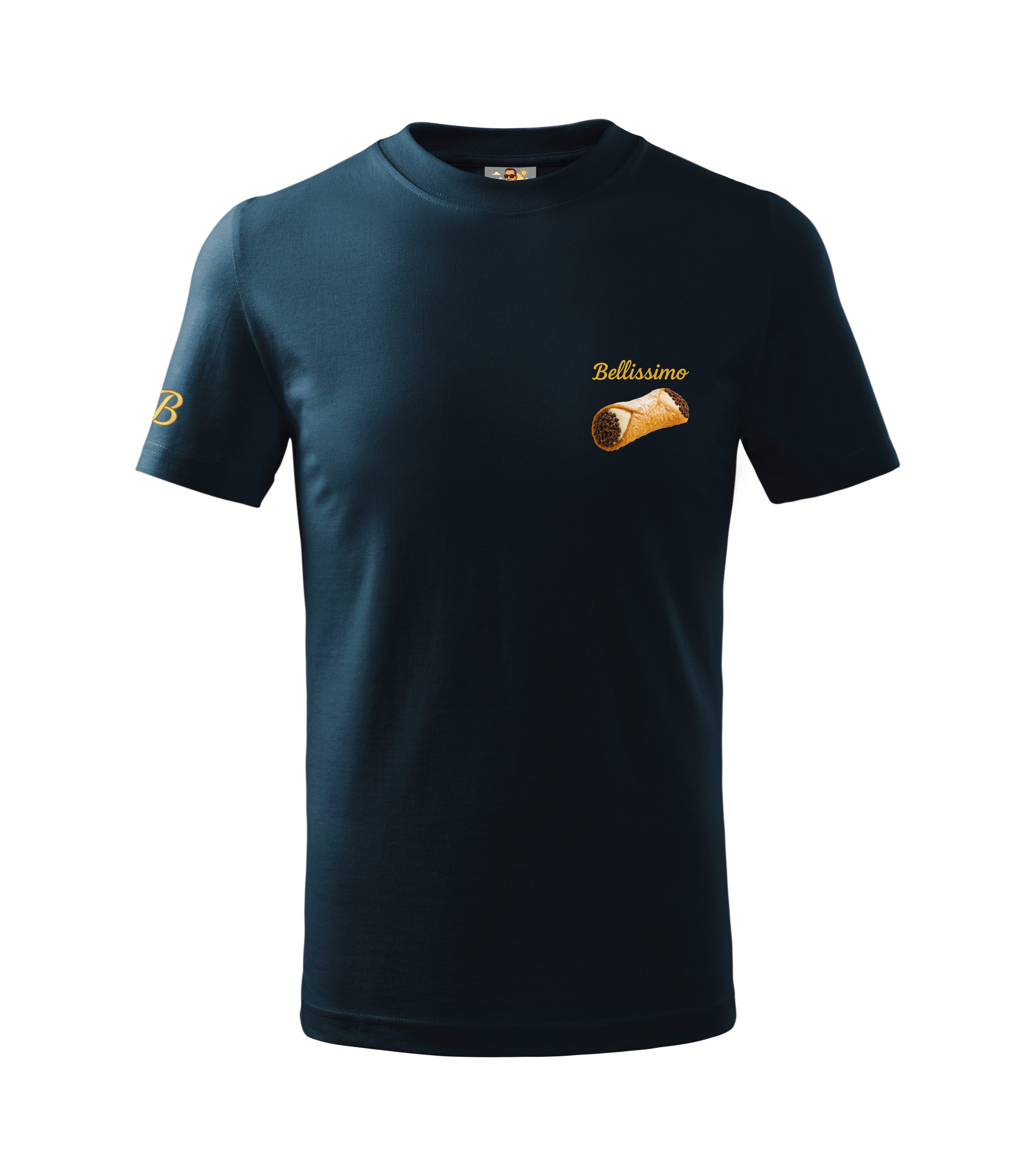 Navy blue t-shirt with gold design and text on a white background