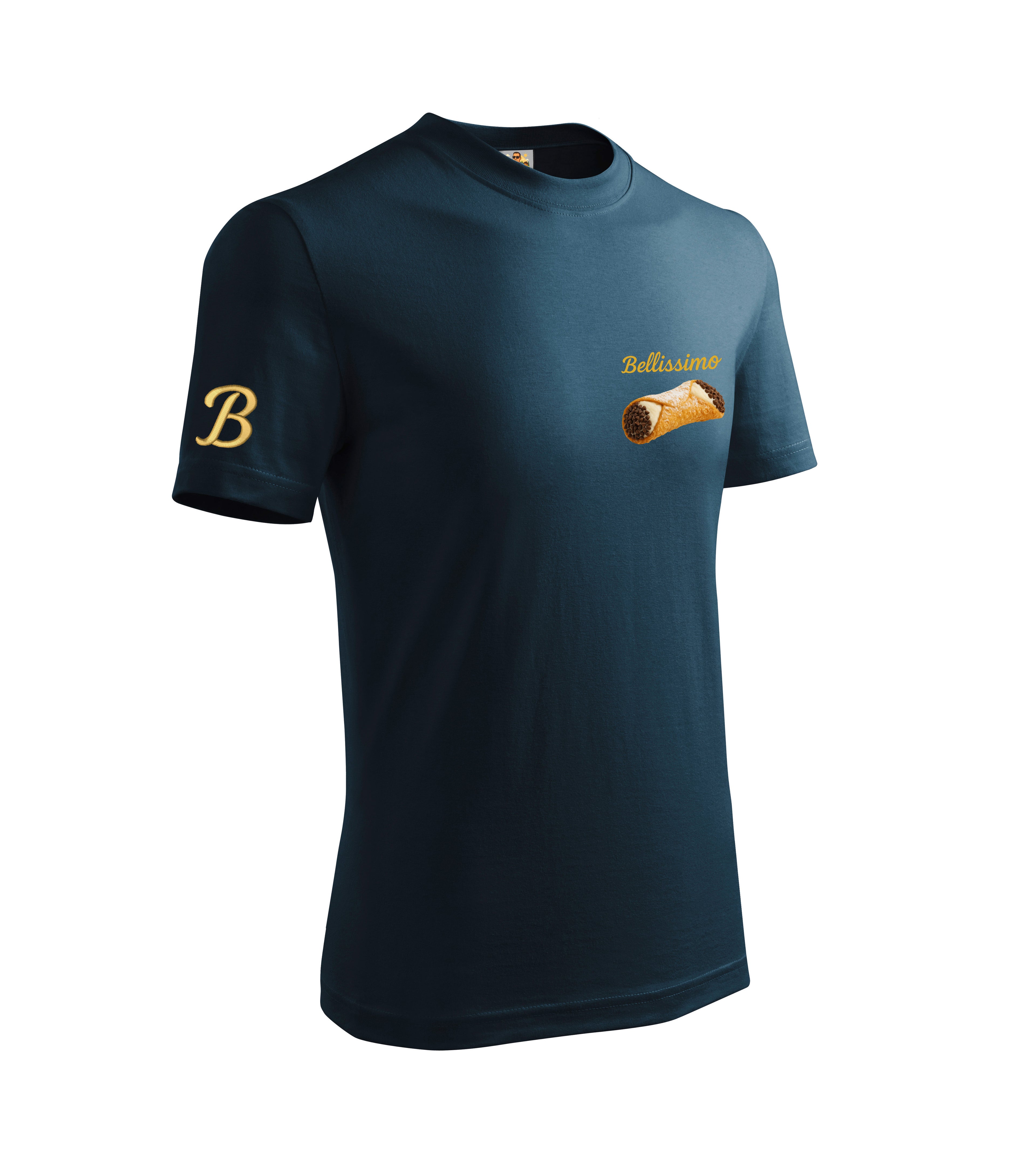 Blue t-shirt with gold logo and text on a white background