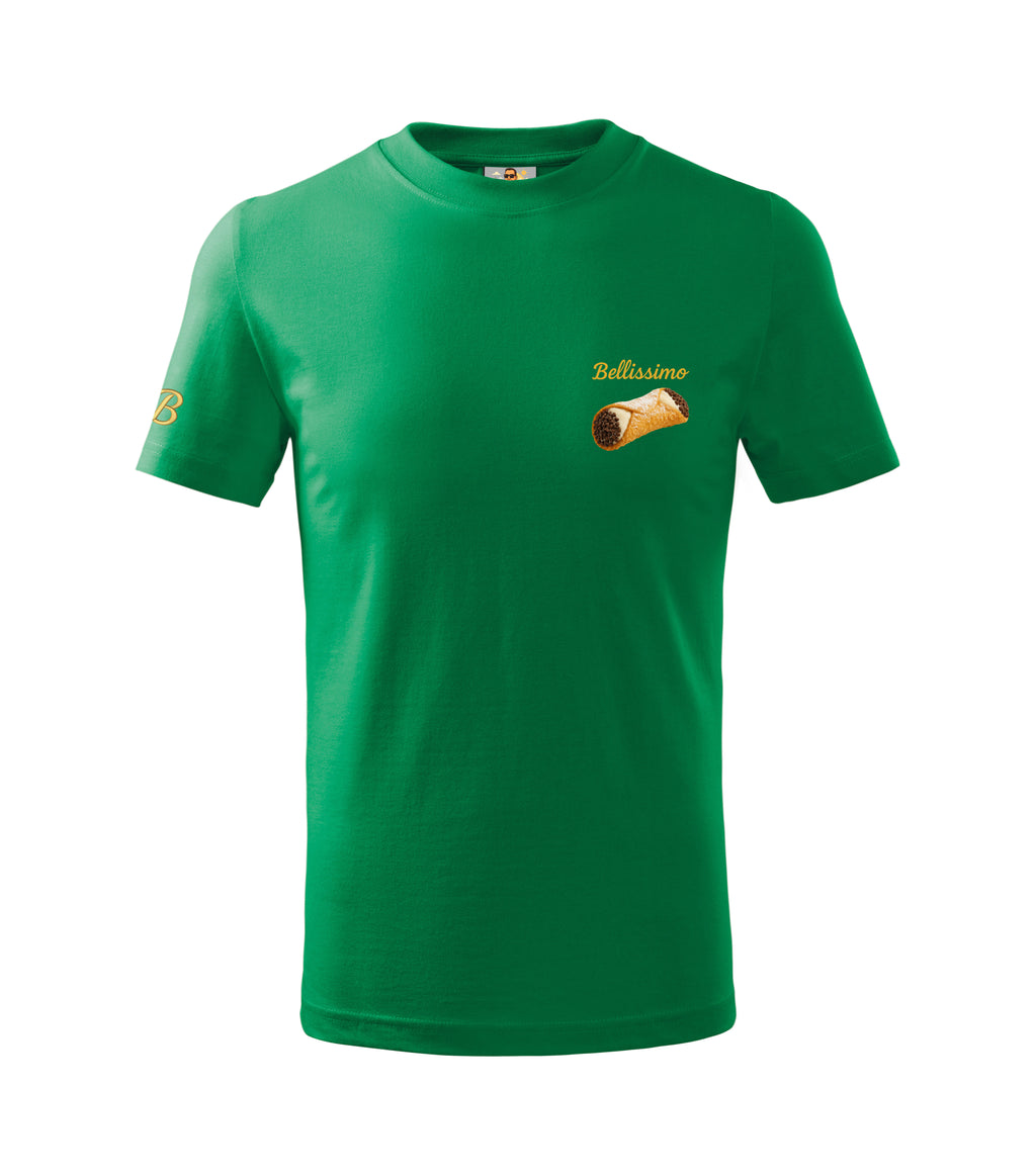 Green t-shirt with a logo and text on a white background