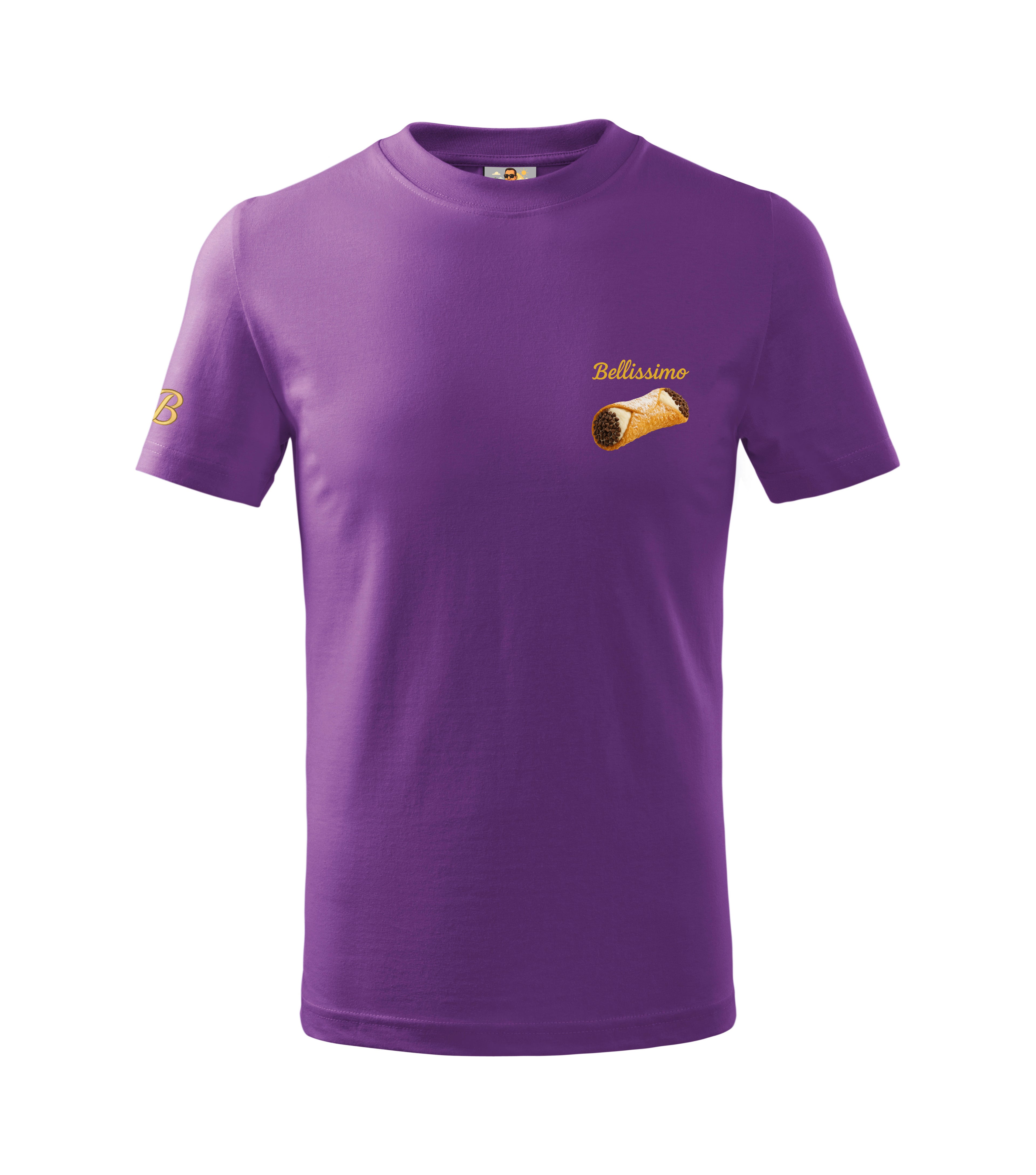 Purple t-shirt with a logo and text on a white background