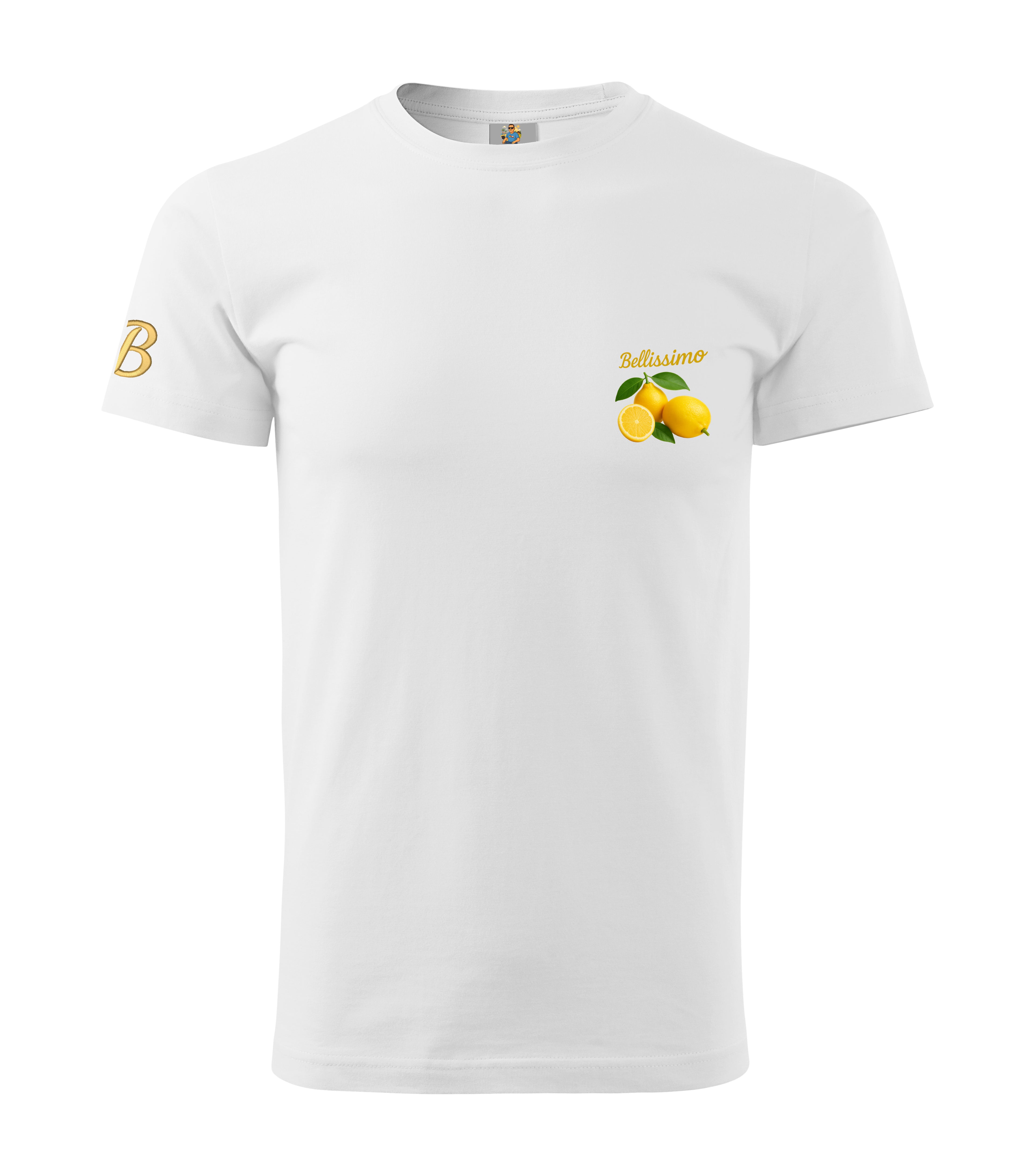 White t-shirt with lemon design and 'Bellissimo' text on a white background