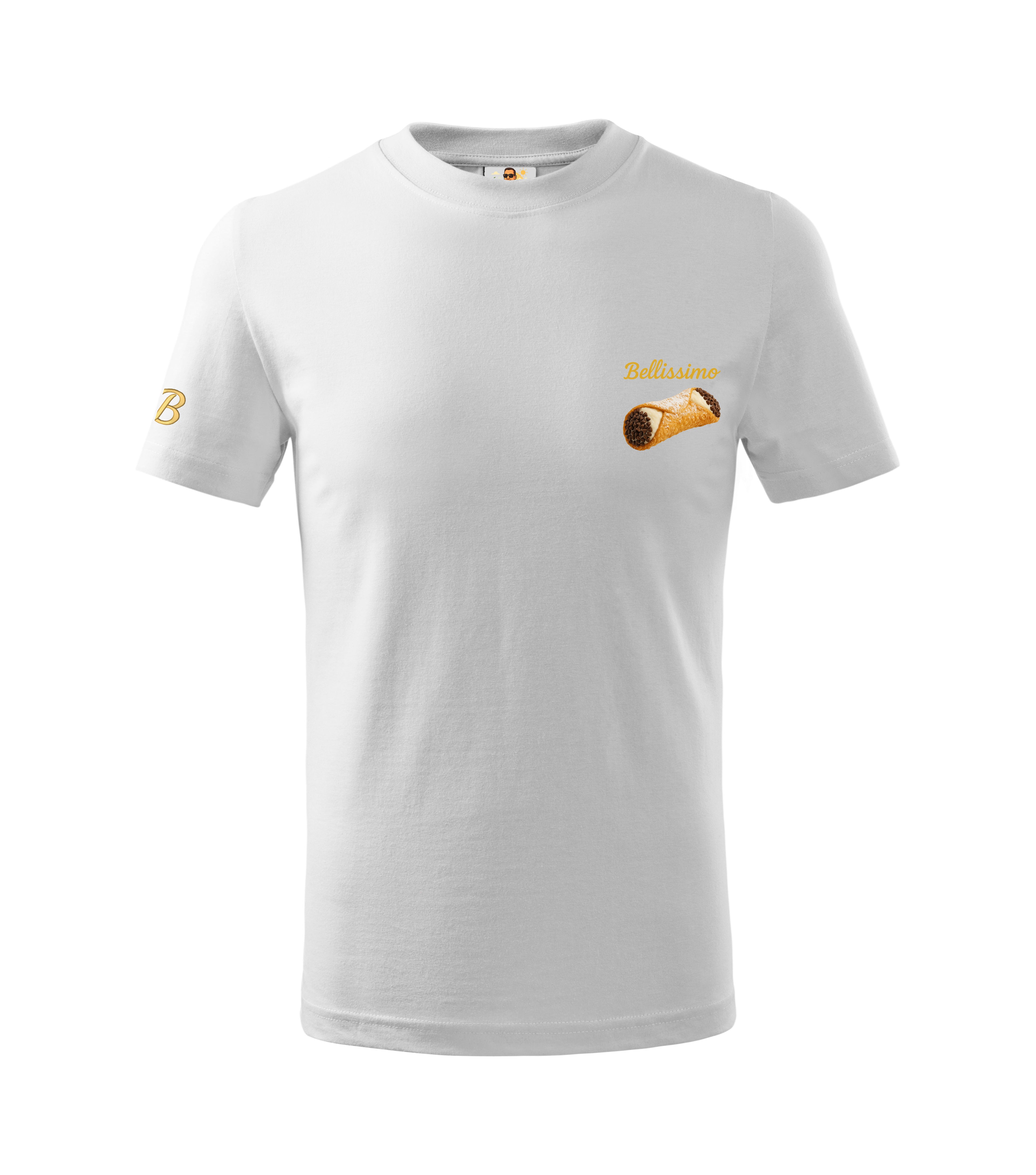 White t-shirt with a logo on a white background