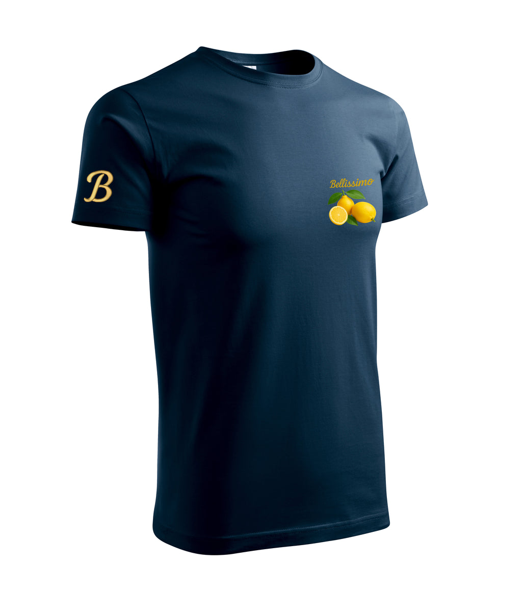 Navy blue t-shirt with yellow logo and text on a white background