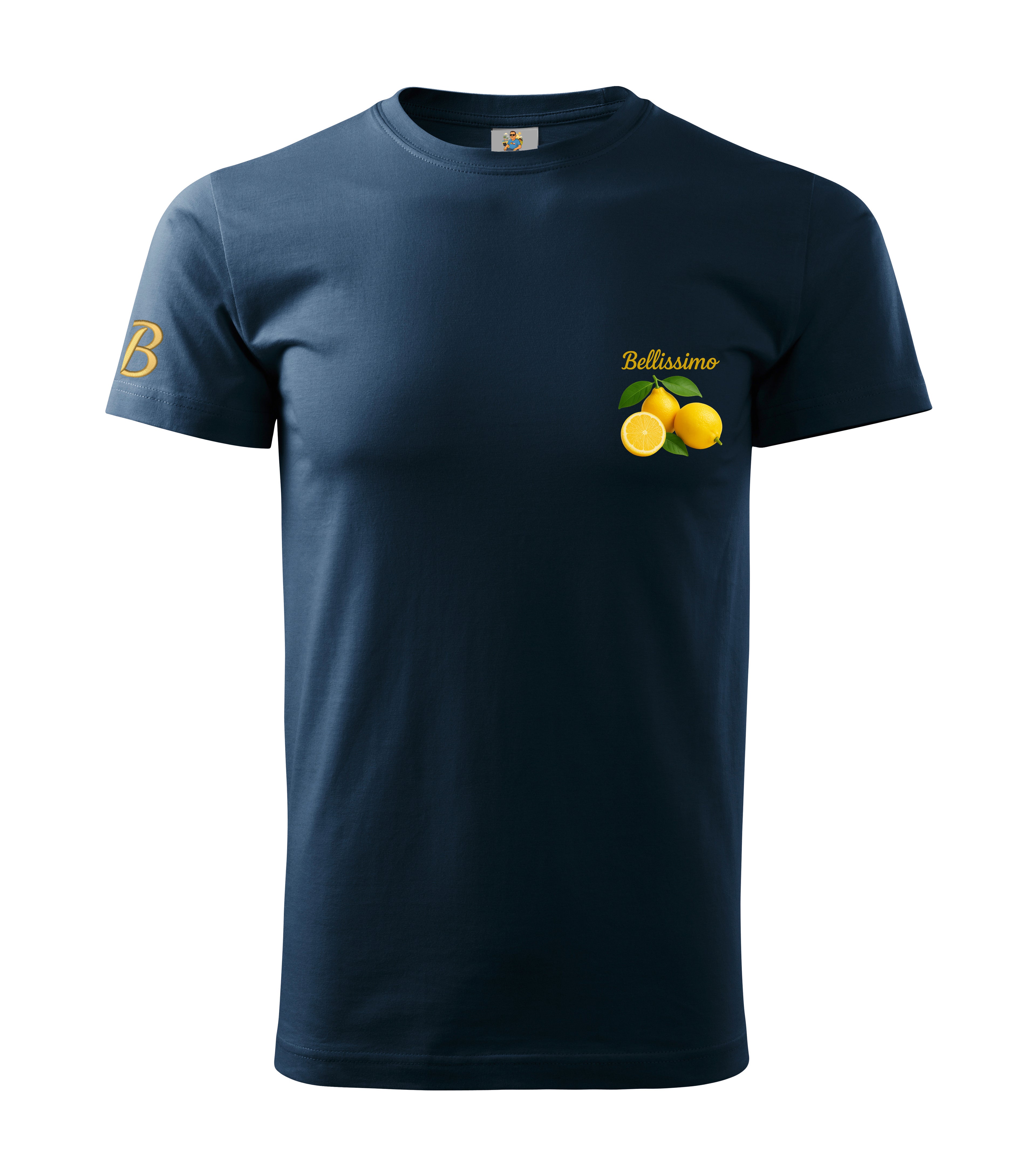 Navy blue t-shirt with lemon design and 'Belissimo' text on a white background