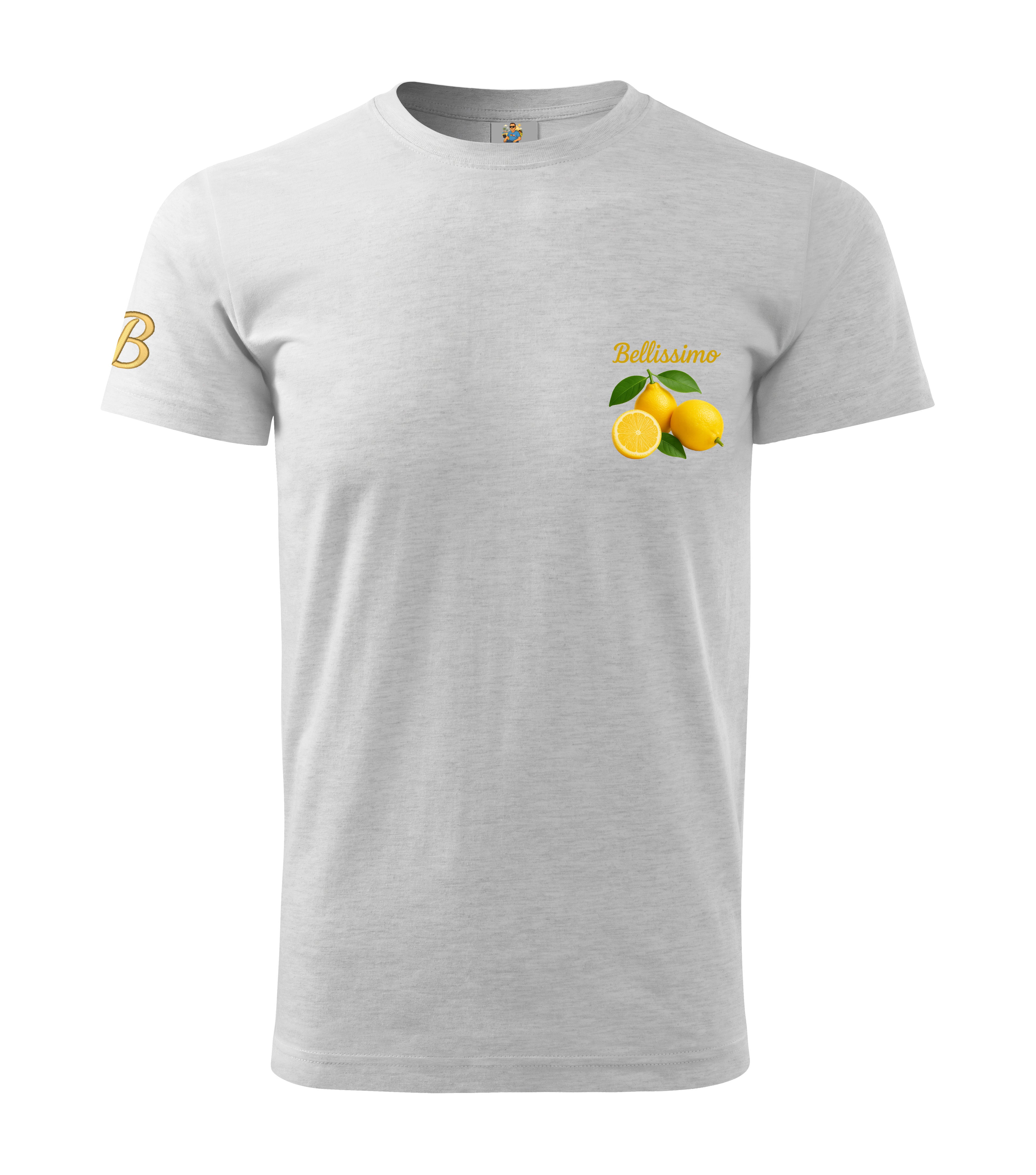 Silver t-shirt with lemon design and 'Bellissimo' branding on a white background