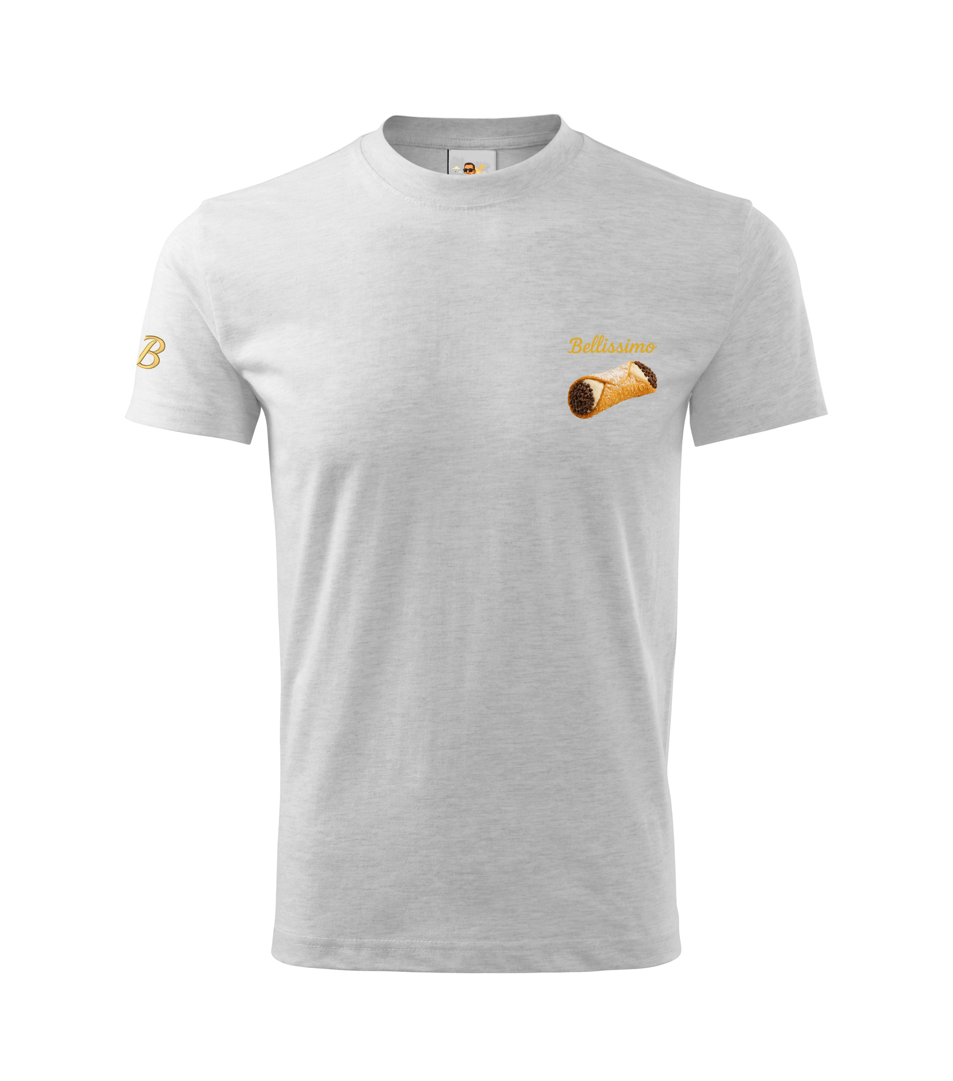 Silver t-shirt with a logo and text on a white background