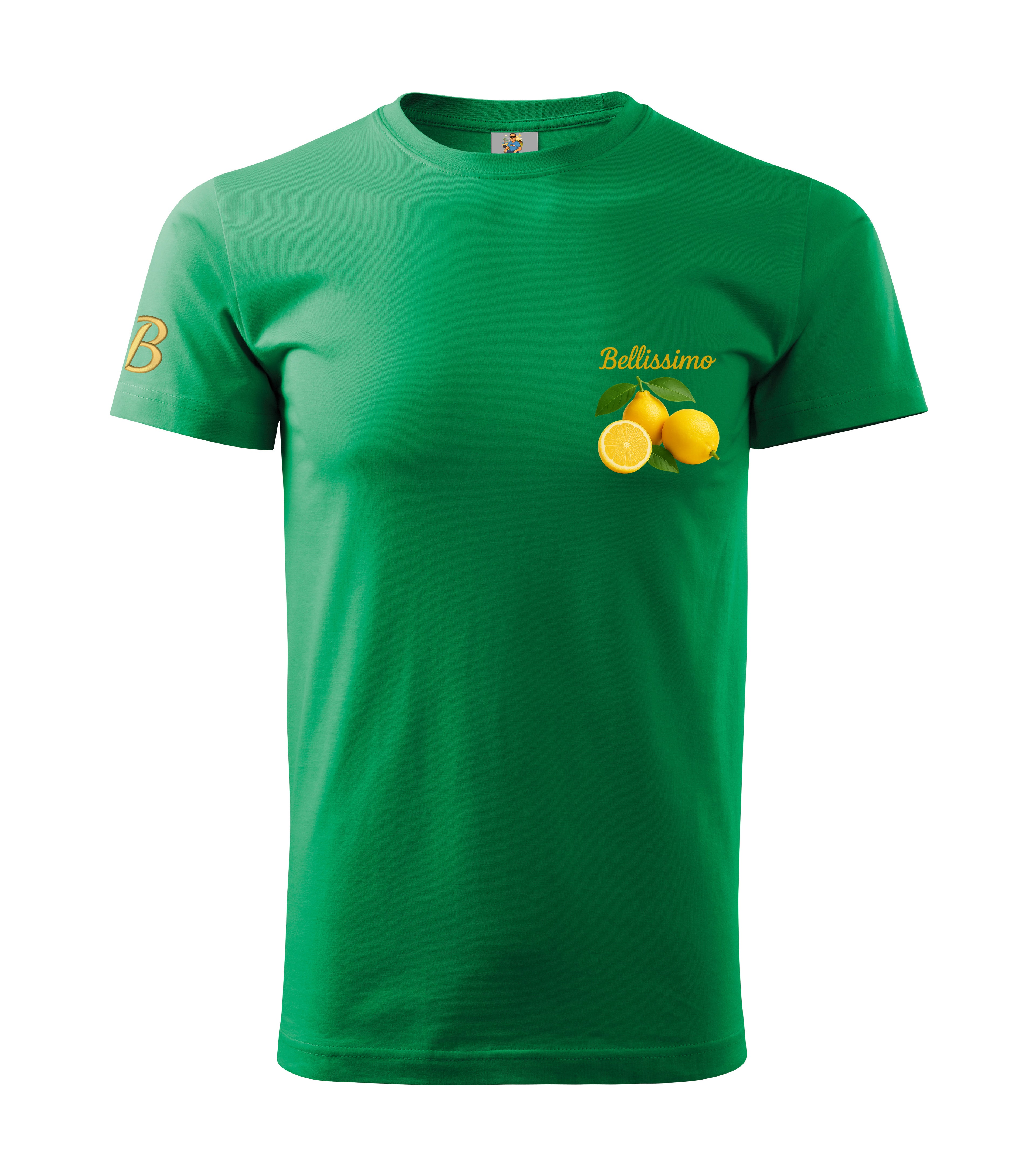 Green t-shirt with lemon design and 'Bellissimo' text on a white background